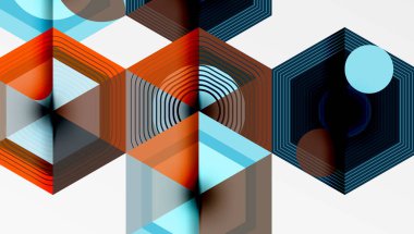 Soyut geometrik bileşim. Şekiller örtüşüyor, karmaşık kalıplar yaratıyor. Sıcak, serin renkler karışır, görsel ilgi gösterir..