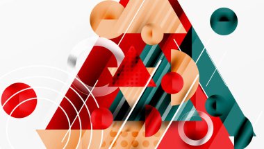 Soyut geometrik bileşim. Kırmızı, deniz mavisi, bej renkler örtüşüyor. Çizgiler dinamik görsel ilgi yaratır. Modern tasarım elemanları.