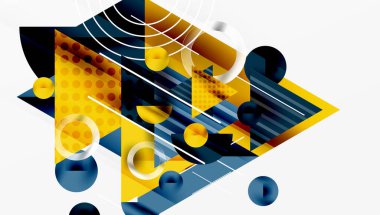 Soyut geometrik bileşim. Üst üste binen şekiller, çizgiler dinamik görsel efekt yaratır. Sarı, donanma baskın palet. Modern tasarım.