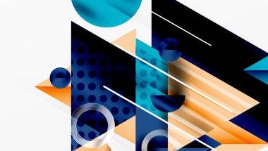 Soyut geometrik bileşim. Şekiller örtüşüyor, dinamik görsel ilgi yaratıyor. Mavi, turuncu, siyah tonlar dizaynın hakimi.