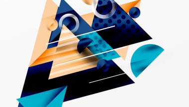 Soyut geometrik şekiller örtüşür, dinamik bileşim yaratır. Mavi, turuncu renkler tasarımda baskın. Çizgiler, çemberler görsel ilgi ekler.