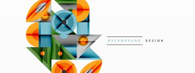 Soyut geometrik şekiller örtüşür, dinamik bileşim yaratır. Turuncu, mavi, yeşil renkler tasarımda baskın. Minimalist stil.