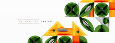 Soyut geometrik şekiller, canlı renkler, modern tasarım elementleri. Temiz çizgiler, üst üste binen formlar dinamik bileşim oluşturur.