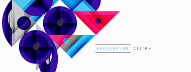 Soyut geometrik şekiller çakışıyor. Çemberler, üçgenler dinamik bileşim yaratır. Mavi, pembe, gri tonlar dizaynın hakimi. Minimalist stil.