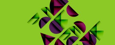 Soyut geometrik şekiller canlı yeşil arkaplanla örtüşür. Mor, siyah gradyanlar dinamik görsel doku oluşturur. Modern tasarım ögesi.