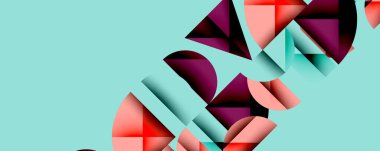 Soyut geometrik şekiller, canlı renkler, deniz mavisi arkaplanı. Bileşik özellikler üst üste binen üçgenler, eğriler, eğriler. Modern tasarım elemanları.