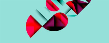 Soyut geometrik şekiller örtüşür, dinamik bileşim yaratır. Kırmızı, kestane rengi, deniz mavisi zemininde siyah kontrast. Modern tasarım elemanları.