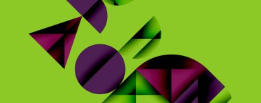 Soyut geometrik şekiller canlı yeşil arkaplanla örtüşür. Mor, siyah gradyanlar dinamik görsel kompozisyon oluşturur. Modern tasarım elemanları.