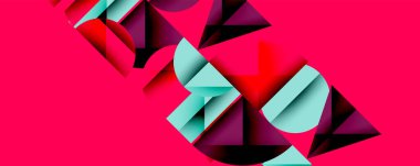 Soyut geometrik şekiller örtüşür, dinamik bileşim yaratır. Renkler arasında pembe, deniz mavisi, mor, siyah var. Modern tasarım elemanları.