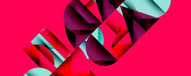 Soyut geometrik bileşim. Kalın şekiller, canlı renkler dinamik görsel etki yaratır. Kırmızı arka planda baskın.