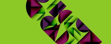 Soyut geometrik şekiller örtüşür, dinamik görsel efekt yaratır. Parlak yeşil arka plan mor, siyah renklerle çelişiyor. Modern tasarım.