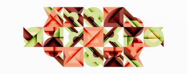 Soyut geometrik bileşim. Üst üste binen üçgenler karmaşık desenler oluşturur. Renkler turuncu, yeşil ve kahverengidir. Minimalist tasarım.