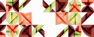 Soyut geometrik desen. Şekiller örtüşüyor, dinamik görsel doku oluşturuyor. Renkler arasında kırmızı, yeşil, kahverengi tonlar vardır. Minimalist tasarım.