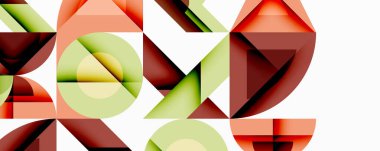 Soyut geometrik bileşim. Şekiller çakışıyor, dinamik görsel etki yaratıyor. Renkler arasında kırmızı, yeşil, turuncu renkler var. Minimalist tasarım.