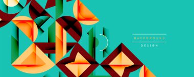 Soyut geometrik şekiller örtüşür, dinamik görsel doku oluşturur. Sıcak renkler serin turkuaz zemin oluşturur. Modern tasarım ögesi.