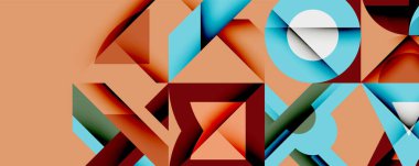 Soyut geometrik şekiller örtüşür, dinamik bileşim yaratır. Sıcak tonlarda havalı aksanlar hakim olur. Minimalist tasarım.