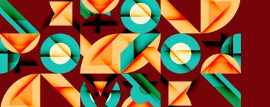 Soyut geometrik şekiller çakışıyor ve canlı bir model oluşturuyor. Renkler turuncu, deniz mavisi, sarı, siyah, kestane rengi. Modern tasarım.