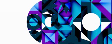 Soyut geometrik bileşim. Mavi, mor gölgeler baskın. Şekiller örtüşüyor, dinamik görsel doku oluşturuyor. Modern tasarım ögesi.