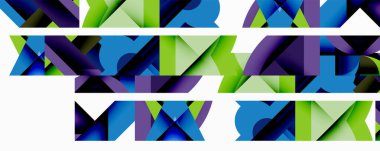 Soyut geometrik şekiller, canlı renkler, tekrarlayan desenler. Mavi, yeşil, mor renkler dinamik görsel doku yaratır.