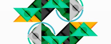 Geometrik desen üçgenler, daireler, kareler içerir. Parlak renkler simetrik tasarım yaratır. Modern soyut kompozisyon.