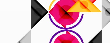 Soyut geometrik bileşim. Üst üste binen şekiller canlı, modern görsel deneyimler yaratır. Pembe, sarı, gri egemen tasarım.