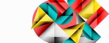 Soyut geometrik şekiller dairesel tasarım oluşturur. Kırmızı, sarı, turkuaz renkler kompozisyona hakim. Modern, canlı görsel.