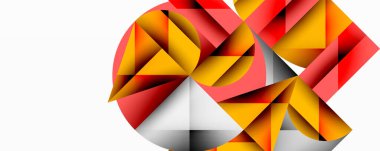 Soyut geometrik tasarım. Kırmızı, sarı, gri şekiller dairesel desen oluşturur. Modern, canlı kompozisyon.