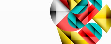 Soyut geometrik şekiller örtüşür ve canlı bir bileşim yaratır. Kırmızı, sarı, deniz mavisi, siyah, beyaz baskın tasarım. Modern estetik.