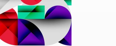 Soyut geometrik şekiller örtüşüyor, canlı renk eğimleri yaratıyor. Kompozisyon üçgenler, kareler, daireler, modern tasarım içerir.