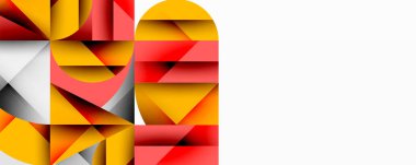 Soyut geometrik bileşim. Üst üste binen şekiller, dinamik görsel ilgi yaratır. Sarı, kırmızı, gri, beyaz egemen tasarım. Modern estetik.