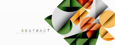 Geometrik şekiller üst üste binerek modern soyut tasarım yaratır. Renkler arasında yeşil, turuncu, kırmızı, beyaz yer alıyor. Minimalist stil.