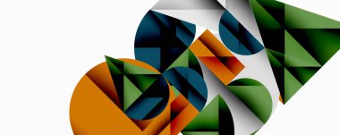 Soyut geometrik şekiller örtüşür, dinamik bileşim yaratır. Renkler turuncu, yeşil, donanma, gri, beyaz. Modern tasarım elemanları.