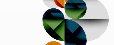 Soyut geometrik şekiller çakışıyor. Çemberler, üçgenler modern tasarım yaratır. Renkler arasında yeşil, mavi, turuncu, gri yer alıyor. Minimalist kompozisyon.