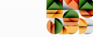 Soyut geometrik bileşim. Üst üste binen şekiller modern, renkli desenler yaratır. Minimalist tasarım, sıcak ve serin tonlarda..