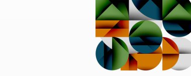 Soyut geometrik bileşim. Üst üste binen şekiller dinamik görsel doku yaratır. Renkler arasında yeşil, turuncu, mavi, gümüş.