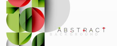 Soyut geometrik bileşim. Üst üste binen kareler, daireler modern tasarım yaratır. Yeşil, kırmızı, gri renkler görsel alana hakim..