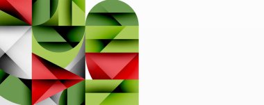 Soyut geometrik bileşim. Şekiller örtüşüyor, canlı kırmızı, yeşil, beyaz desenler oluşturuyor. Minimalist tasarım, modern estetik.