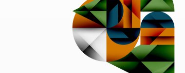 Soyut geometrik bileşim. Şekiller çakışıyor, dinamik görsel etki yaratıyor. Renkler arasında yeşil, turuncu, mavi, beyaz, siyah.