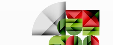 Soyut geometrik bileşim. Şekiller örtüşüyor, dinamik görsel ilgi yaratıyor. Renkler arasında kırmızı, yeşil, siyah, gümüş yer alıyor. Minimalist tasarım.