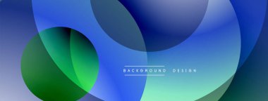 Soyut kompozisyon. Üst üste binen daireler dinamik değişim etkisi yaratır. Mavi, yeşil renkler tasarıma hakim. Modern estetik.