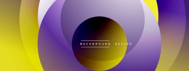 Soyut çemberler çakışıyor, canlı gradyanlar yaratıyor. Sarı, mor renkler kompozisyona hakim. Arka planlar için modern tasarım ögesi.