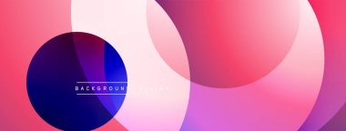 Soyut tasarım özellikleri üst üste binen daireler, gradyanlar. Pembe, mor, mavi renkler modern görsel efektler yaratır. Minimalist kompozisyon.