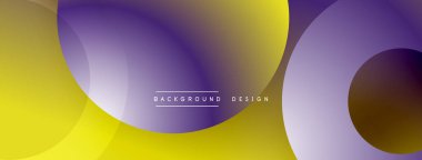 Soyut eğimler, üst üste binen daireler, mor, sarı renkler. Arka planlar ve sunumlar için modern tasarım öğesi. Minimalist estetik.