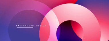 Soyut çemberler çakışıyor, canlı gradyanlar yaratıyor. Pembe, mor renkler modern estetik sunarak tasarıma hükmediyor. Yumuşak geçişler dinamik görsellik sunar.