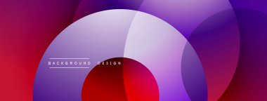 Soyut kompozisyon. Üst üste binen daireler dinamik değişim etkisi yaratır. Mor, kırmızı renkler tasarımda baskın. Minimalist stil.