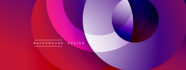 Soyut çemberler çakışıyor, canlı gradyanlar yaratıyor. Modern tasarım mor, pembe, kırmızı renklere sahiptir. Minimalist arkaplan ögesi.