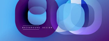 Soyut üst üste binen daireler parlak mavi, mor gradyanlar yaratır. Modern tasarım derinlik, akıcılık ve görsel ilgi gösteriyor..