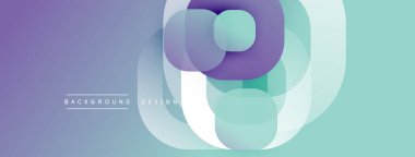 Soyut geometrik şekiller çakışıyor ve yumuşak eğimler yaratıyor. Mor, deniz mavisi renkleri dizaynda baskın. Minimalist arkaplan dokusu görünür.