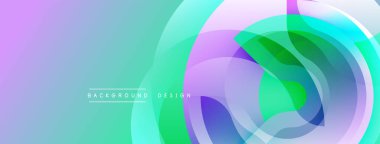 Soyut tasarım katmanlı şeffaf daireler. Renkler harmanlanmış mor, yeşil, mavi, dinamik görsel efekt. Modern, pürüzsüz eğimler.