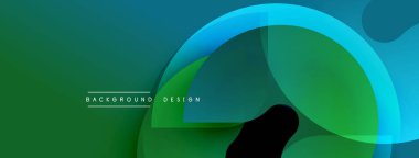 Soyut tasarım özellikleri üst üste binen şeffaf şekiller. Yeşil, mavi renkler modern görsel efektler yaratır. Minimalist tarz, pürüzsüz gradyanlar mevcut.